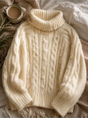 a new day Chunky Cable Turtleneck Sweater - Buttery Cream XL